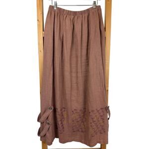 Vintage Blue Fish Brick Red Linen Hand Printed Maxi Skirt Size LG / XL USA